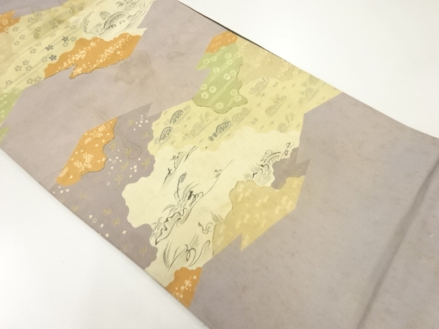 アンティーク　波車に花古典柄模様刺繍昼夜帯（材料）